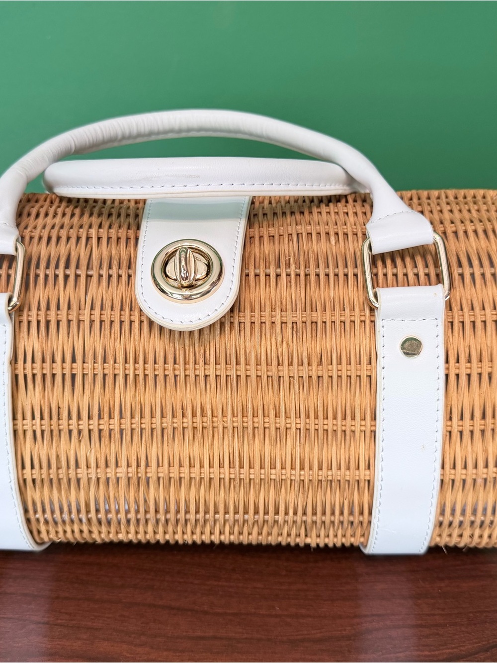 Vintage Style Wicker Rattan Box Handbag White Trim Gold Hardware